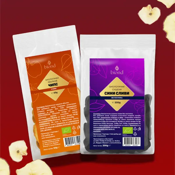 Сушени плодове biond, без захар, консерванти и оцветители. Произведени в България. Био сушен ябълков чипс, сушени ябълки. Био сушени сини сливи без костилка, за директна консумация или за влагане с ястия.
