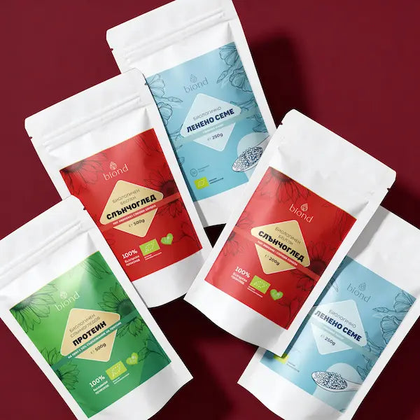 Био сурови семена и протеини - слънчогледов протеин на прах с 50% съдържание на протеин, сурови семена от белен лимец, белен слънчоглед, ленено семе, цяло. Подходящи за закуски, както и за варене и консумиране в салати.