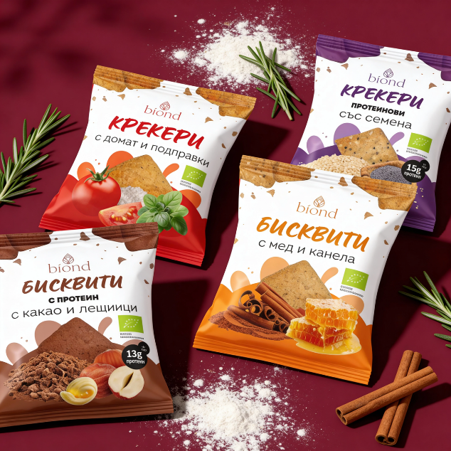 Бисквити и крекери biond, с различни вкусове - бисквити с мед и канела, бисквити с какао и лешници (с протеин), протеинови крекери със семена, крекери с домат и подправки, бисквити с лимон и кокос, бисквити с кокос и ванилия (с протеин).