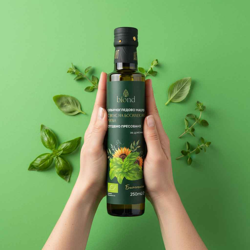 Био студено пресовано слънчогледово масло с вкус босилек и риган