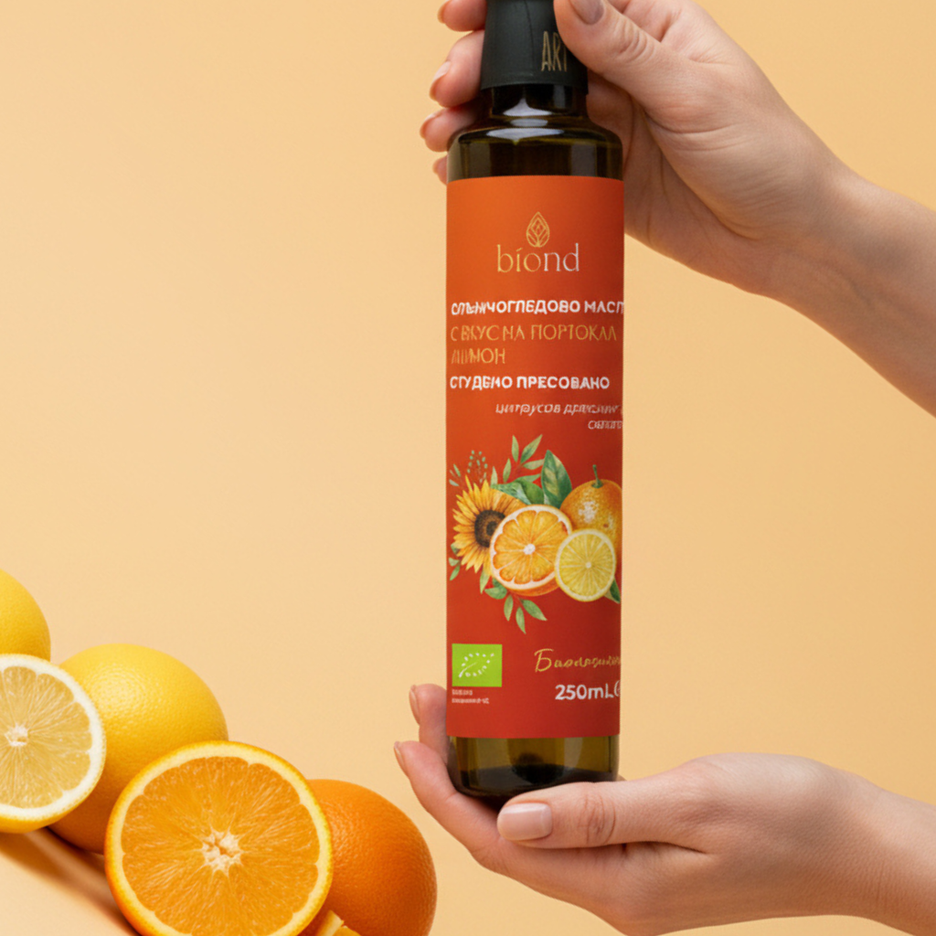 Био студено пресовано слънчогледово масло с вкус на портокал и лимон