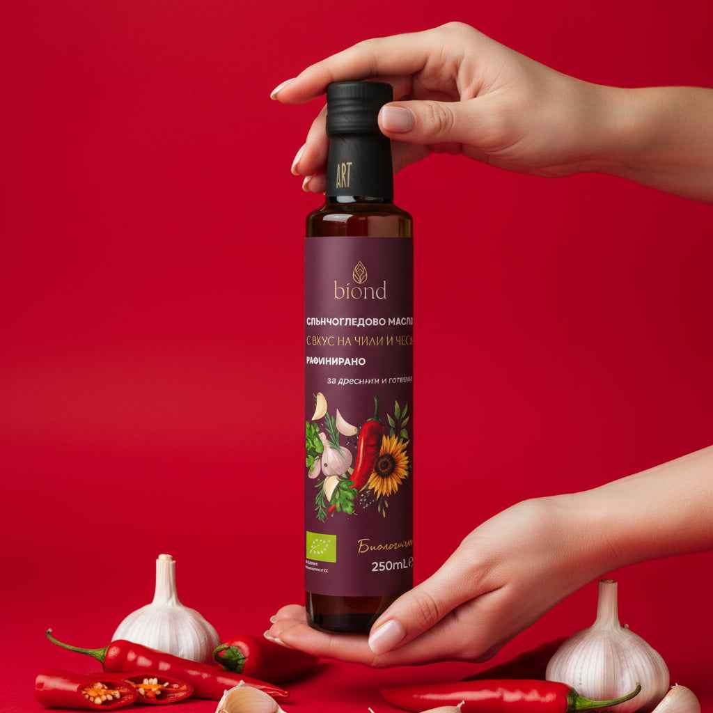 Био рафинирано слънчогледово масло с вкус на чили и чесън